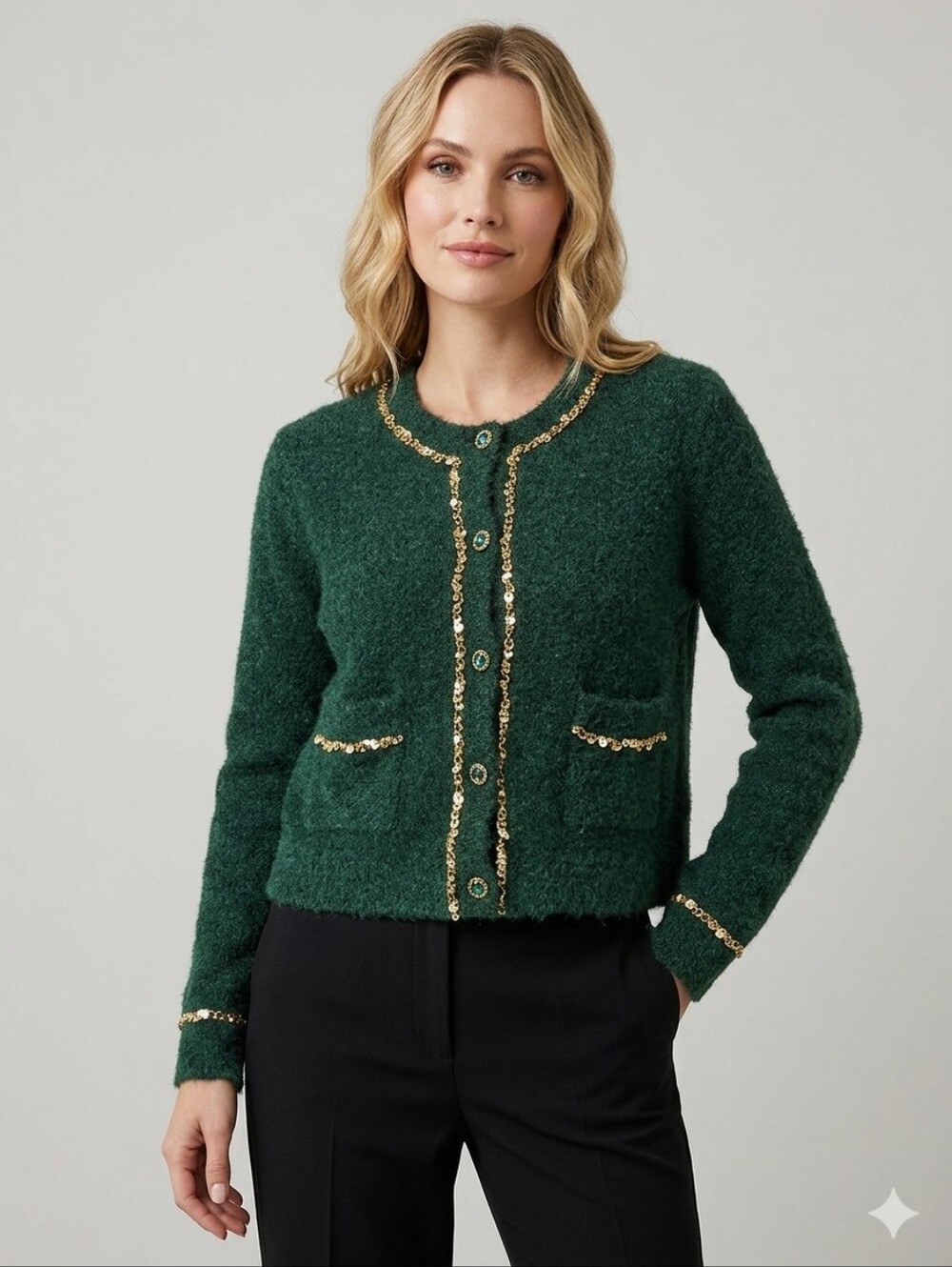 NWT Hyacinth House Emerald Green Gold Trim Cardigan Sweater Wool Blend 2XL XXL